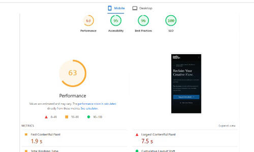 PageSpeed Insights showing a mid-progress performance score of 63
