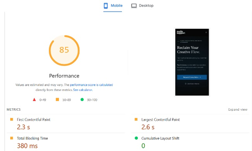 PageSpeed Insights showing an improved performance score of 85