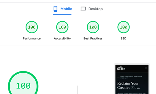 PageSpeed Insights showing perfect 100s across Performance, Accessibility, Best Practices, and SEO