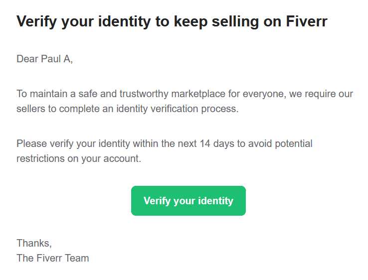 Fiverr identity verification email