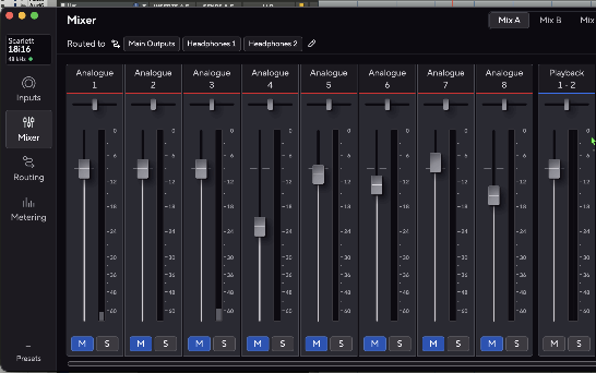 Focusrite Control 2 Mixer page, Mix A, with Analogue 1 to 8 muted and the Playback 1-2 fader raised to 0