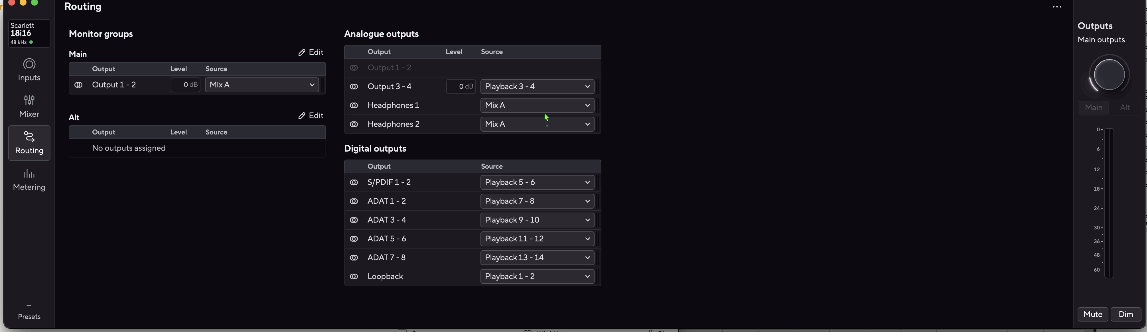 Focusrite Control 2 Routing page with Output 3-4 source set to Playback 3-4 and the Alt monitor group empty