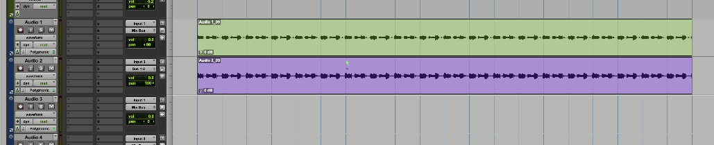 Pro Tools edit window with a dry guitar recording on Audio 1, input set to Input 1