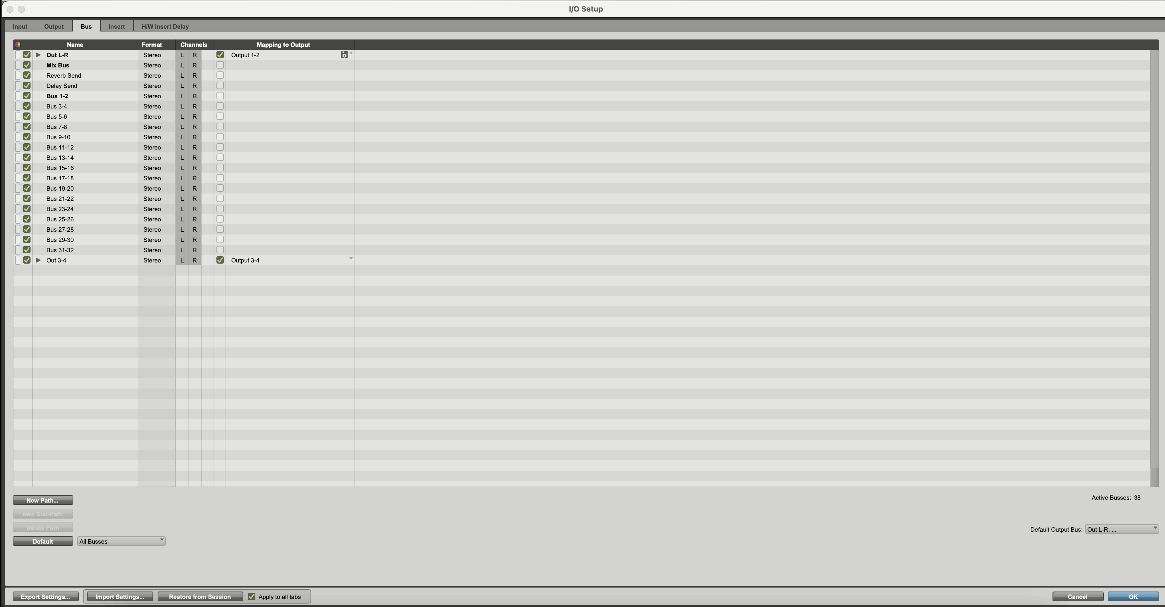 Pro Tools I/O Setup, Bus tab, with a new bus named Out 3-4 mapped to Output 3-4