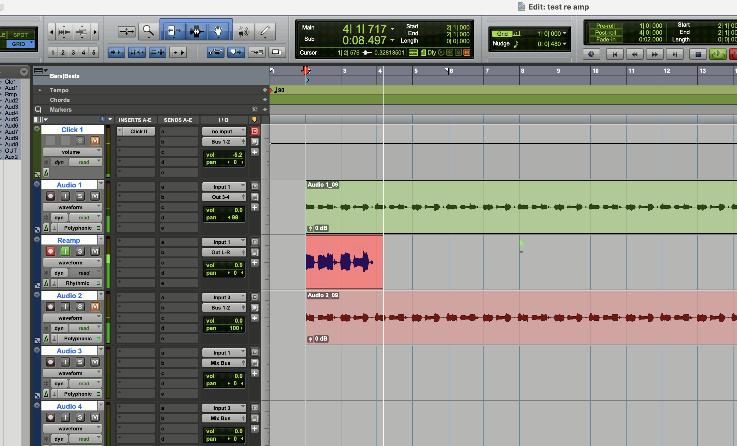 Pro Tools edit window recording the Reamp track while Audio 1 plays out through Out 3-4