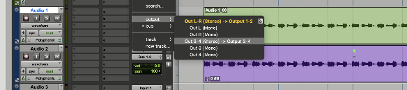 Pro Tools track output menu with Out 3-4 (Stereo) to Output 3-4 highlighted, and Out 3 and Out 4 mono options below