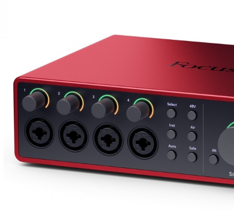 Front panel of a Focusrite Scarlett 18i16 4th Gen showing inputs 1 to 4 and the Select, Inst, 48V, Air, Auto and Safe buttons