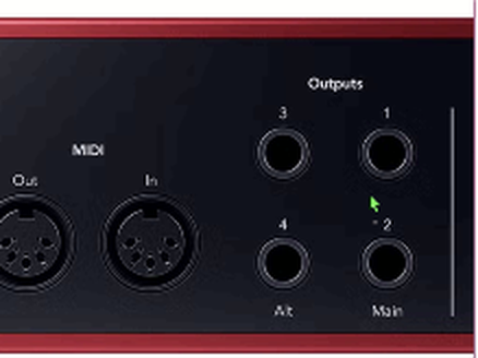 Rear panel of the Scarlett 18i16 4th Gen showing line outputs 1 and 2 labelled Main and 3 and 4 labelled Alt